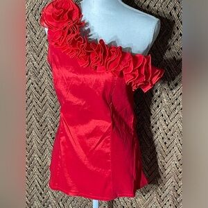 Faisco size S Top Sleeveless Shirt One Shoulder Ruffle Collar Red side  …